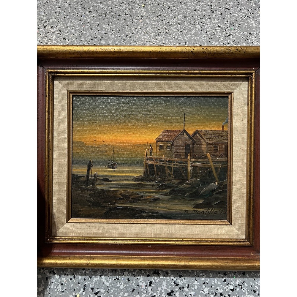 R. Portillo Signed 1973 Original Oil Painting Coastal Seascape Framed Vintage